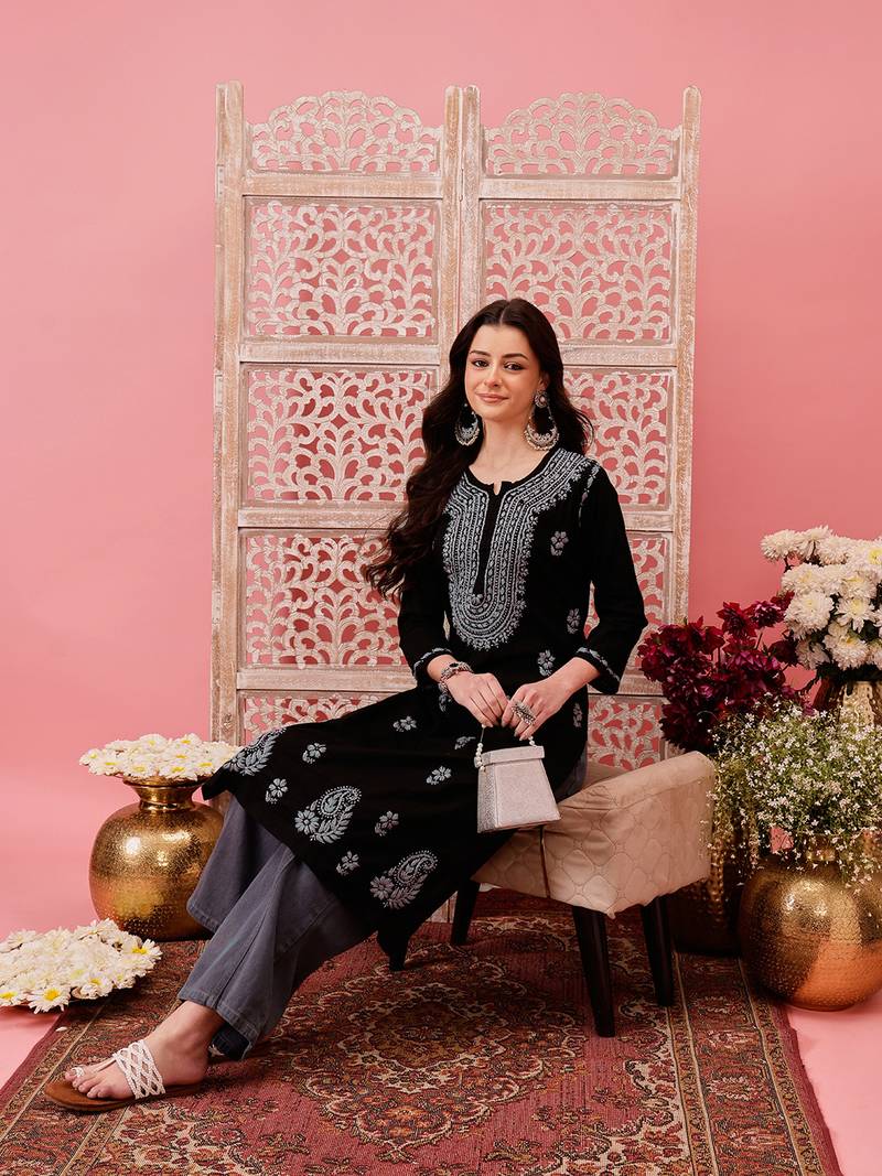 Hand embroidered black cotton lucknowi chikankari straight kurta