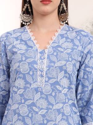  blue floral lace work straight kurta pant dupatta set 4