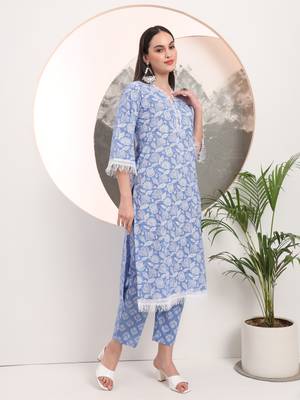  blue floral lace work straight kurta pant dupatta set 5