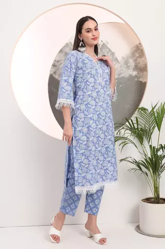  blue floral lace work straight kurta pant dupatta set