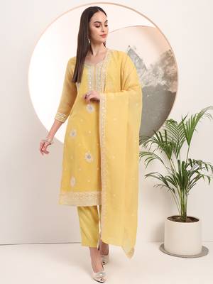  yellow embroidery silk blend straight kurta dupatta set 1