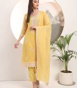  yellow embroidery silk blend straight kurta dupatta set