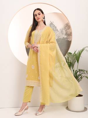  yellow embroidery silk blend straight kurta dupatta set 2