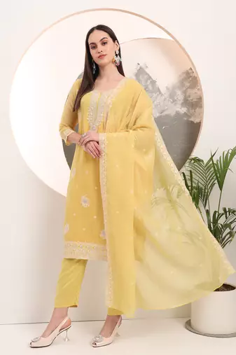  yellow embroidery silk blend straight kurta dupatta set