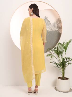  yellow embroidery silk blend straight kurta dupatta set 3
