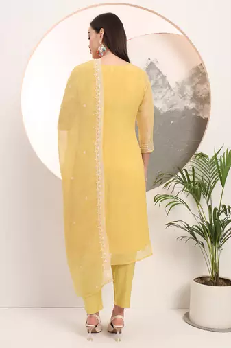  yellow embroidery silk blend straight kurta dupatta set