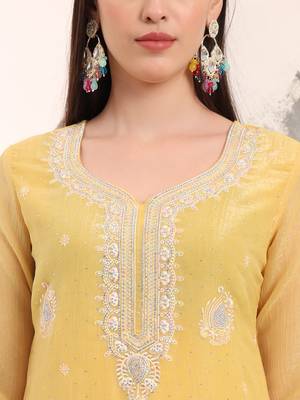  yellow embroidery silk blend straight kurta dupatta set 4