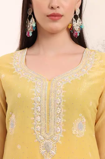  yellow embroidery silk blend straight kurta dupatta set