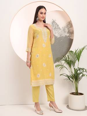 yellow embroidery silk blend straight kurta dupatta set 5