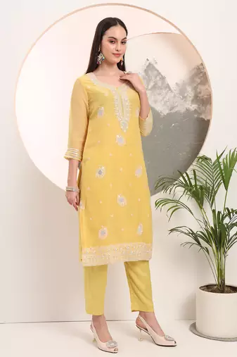  yellow embroidery silk blend straight kurta dupatta set