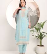  sky blue embroidery silk blend straight kurta dupatta set