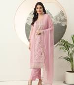  purple embroidery poly chiffon straight kurta dupatta set