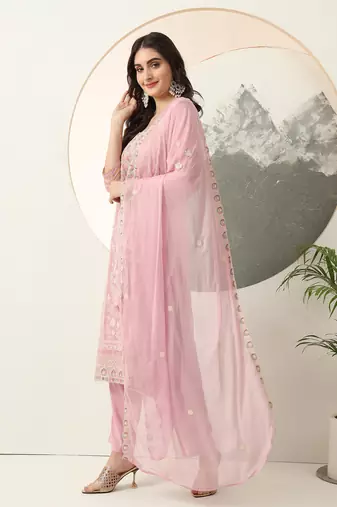  purple embroidery poly chiffon straight kurta dupatta set