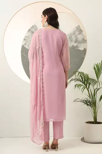  purple embroidery poly chiffon straight kurta dupatta set