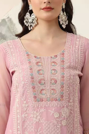  purple embroidery poly chiffon straight kurta dupatta set