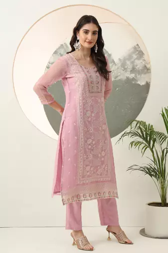  purple embroidery poly chiffon straight kurta dupatta set