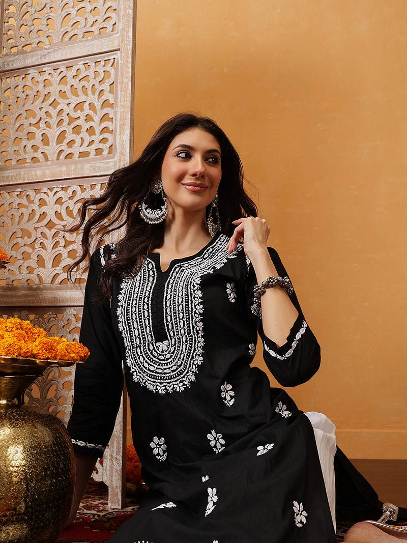 Hand embroidered black cotton lucknowi chikankari straight kurta