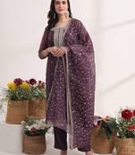  purple organza embroidery straight kurta dupatta set