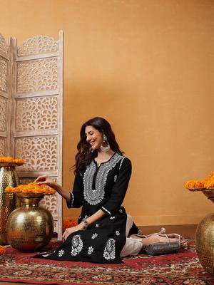 Hand embroidered black cotton lucknowi chikankari straight kurta 8