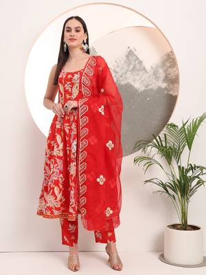  red floral print anarkali style kurta trouser and dupatta set 1