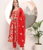  red floral print anarkali style kurta trouser and dupatta set