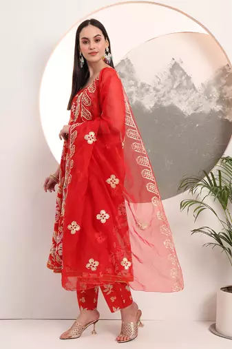  red floral print anarkali style kurta trouser and dupatta set