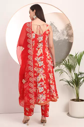  red floral print anarkali style kurta trouser and dupatta set