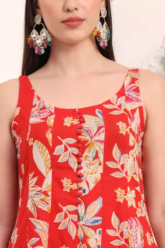  red floral print anarkali style kurta trouser and dupatta set