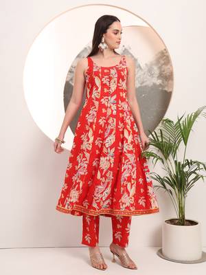  red floral print anarkali style kurta trouser and dupatta set 5