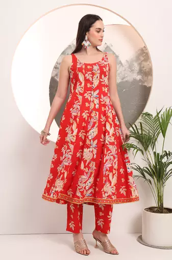  red floral print anarkali style kurta trouser and dupatta set