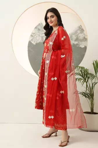  red gotta pati anarkali kurta dupatta set