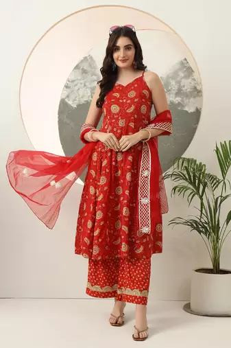  red gotta pati anarkali kurta dupatta set