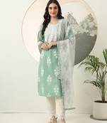  green floral printed straight kurta trouser dupatta set