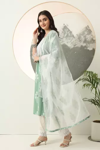  green floral printed straight kurta trouser dupatta set