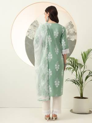  green floral printed straight kurta trouser dupatta set 3