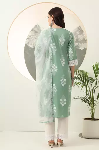  green floral printed straight kurta trouser dupatta set