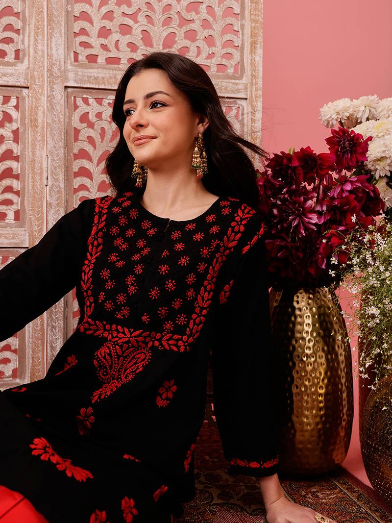 Hand embroidered black cotton lucknowi chikankari straight kurta