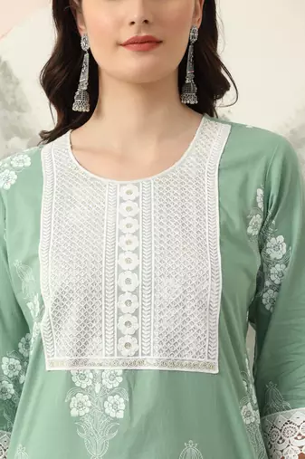  green floral printed straight kurta trouser dupatta set