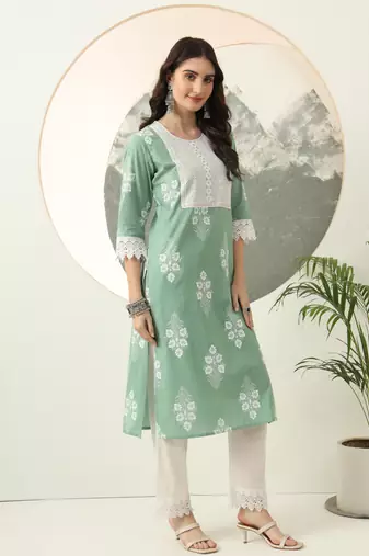  green floral printed straight kurta trouser dupatta set