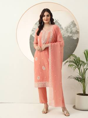  peach silk blend embroidery straight kurta dupatta set 1