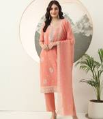  peach silk blend embroidery straight kurta dupatta set