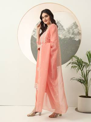  peach silk blend embroidery straight kurta dupatta set 2