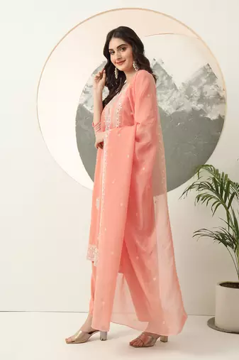  peach silk blend embroidery straight kurta dupatta set
