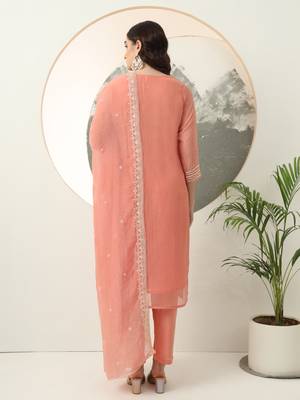  peach silk blend embroidery straight kurta dupatta set 3
