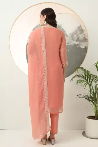  peach silk blend embroidery straight kurta dupatta set