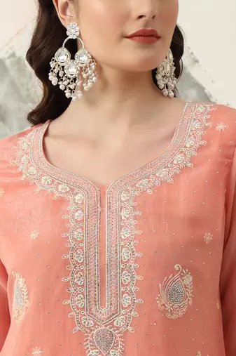  peach silk blend embroidery straight kurta dupatta set