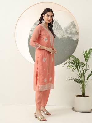  peach silk blend embroidery straight kurta dupatta set 5