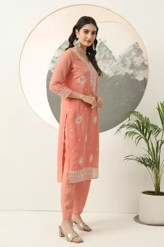  peach silk blend embroidery straight kurta dupatta set