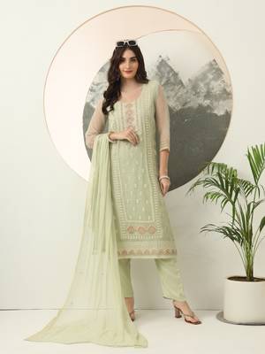  green embroidery silk blend straight kurta dupatta set 1