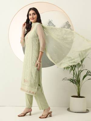  green embroidery silk blend straight kurta dupatta set 2
